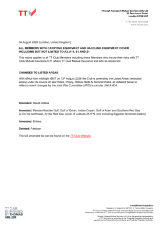 War risks circular August 2026