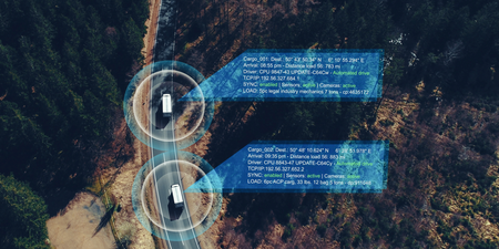 Autonomous Electric Van semi truck car driving on a highway with technology assistant tracking information, showing details. Visual effects clip