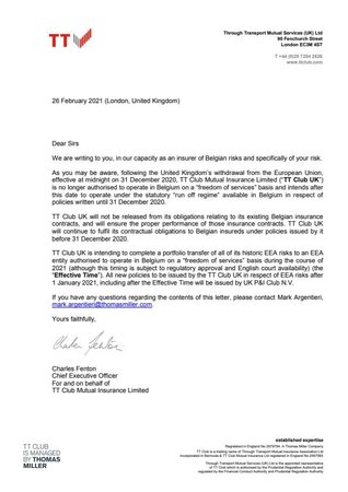 Notification to policy holders with Belgian risks - 26 February 2021