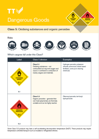 Dangerous goods - quick reference guides - Class 5: Oxidising substances and organic peroxides