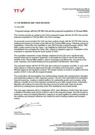Proposed merger with the UK P&I Club and the proposed acquisition of Thomas Miller