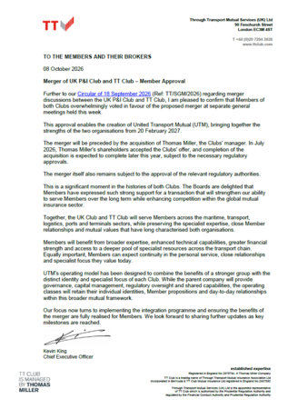 Merger of TT Club and UK P&I Club – Member Approval